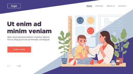 Child doctor examining toddler boy. Cheerful little kid visiting pediatrician flat vector illustration. Medical checking, healthcare, examining concept for banner, website design or landing web pageのイラスト素材