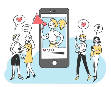 Blogger advising product online to audienceのイラスト素材