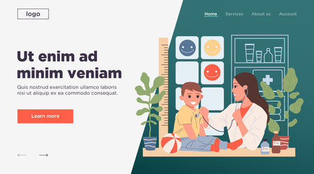 Toddler boy visiting pediatrician. Child doctor with stethoscope examining kid flat vector illustration. Child care, examination, childhood concept for banner, website design or landing web pageのイラスト素材