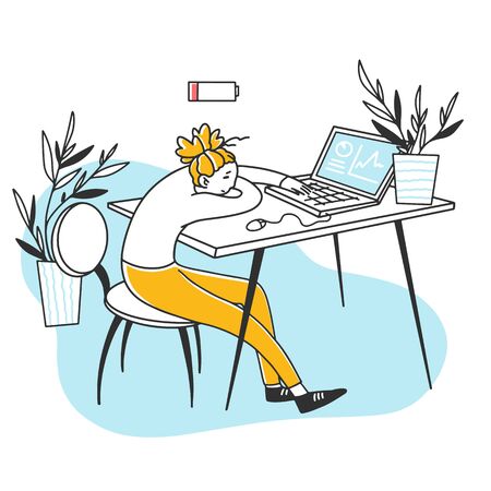 Tired exhausted office employee sleeping at computerのイラスト素材