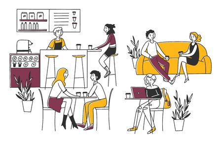 People sitting in cafe, drinking coffee and working on laptopsのイラスト素材