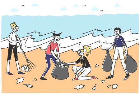 Young volunteers sorting litter on beachのイラスト素材