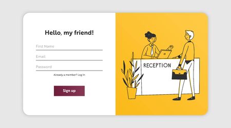 Sign up page with hotel guest consulting receptionistのイラスト素材