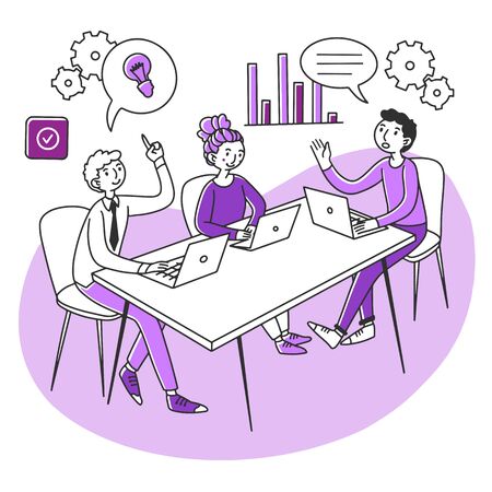 Professionals with laptops discussing project in meeting roomのイラスト素材