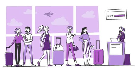 Line of tourists at airport check in counterのイラスト素材