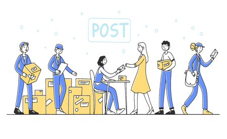 Post office workers serving customers flat vector illustration. Postmen shipping, delivering or collecting letters and parcels. Clients standing in line. Delivery department and logistic concept.のイラスト素材