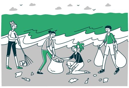 Young volunteers sorting litter on beachのイラスト素材
