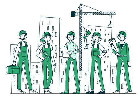 Team of builders working on construction siteのイラスト素材