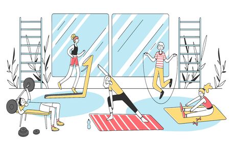 People doing fitness exercises flat vector illustrationのイラスト素材