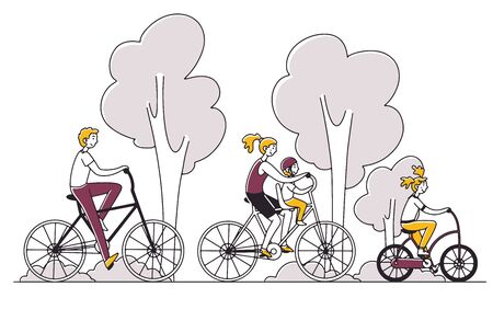 Family couple with two kids riding bikes outdoorsのイラスト素材