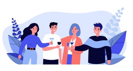 Young friends drinking cocktails at party flat vector illustration. Happy teenager characters smiling, rousing cheers together and celebrating. Alcohol drink and friendship conceptのイラスト素材