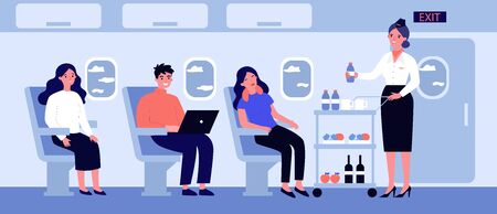 Passengers in air trip waiting for beverage flat vector illustration. Business class travelers sitting near airplane window. People travelling by plane. Airline, tourism and journey conceptのイラスト素材