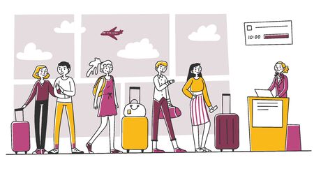 Line of tourists at airport check in counterのイラスト素材