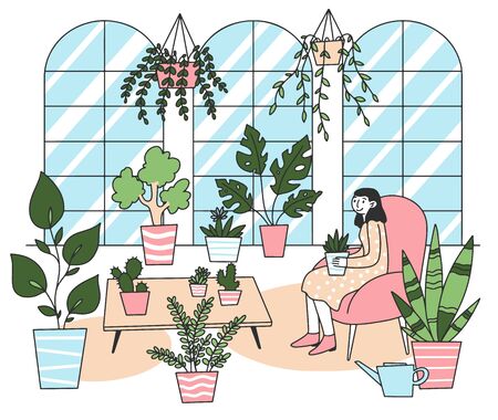 Woman holding plant in pot flat vector illustration. Cute lady relaxing in cozy room with houseplant. Garden, hobby and botanical conceptのイラスト素材
