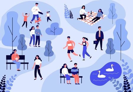 People walking in park, jogging and eating at picnic flat vector illustration. Family playing with dog. Couple sitting at bench near pond and looking at swans. Summer and leisure conceptのイラスト素材
