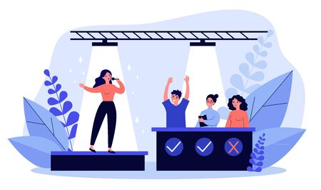 Woman signing at talent show flat vector illustration. Future celebrity singer standing on scene or stage in front of jury assessing her. Competition and television contest concept.のイラスト素材