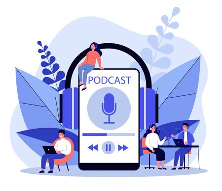 People listening speakers from broadcasting station flat vector illustration. Man and woman listening podcast online Anchorperson sitting and talking to microphone. Radio and technology conceptのイラスト素材