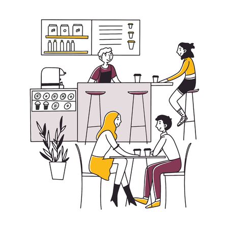 People sitting in cafe, drinking coffee and working on laptops vector illustration. Men and women coworking and chatting in coffeehouse. Barista serving coffee to customers. Coffeeshop interiorのイラスト素材