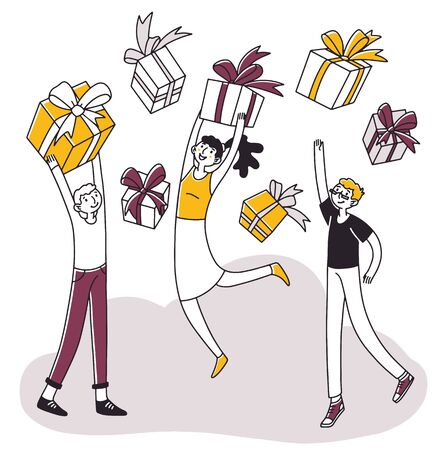 Loyal store customers getting reward. Young people celebrating, holding gifts. Vector illustration for retail, loyalty program, promotion, bonus conceptのイラスト素材