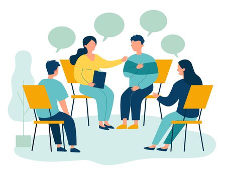 People suffering from problems, attending psychological support meeting. Patients sitting in circle, talking. Vector illustration for group therapy, counseling, psychology, help, conversation conceptのイラスト素材