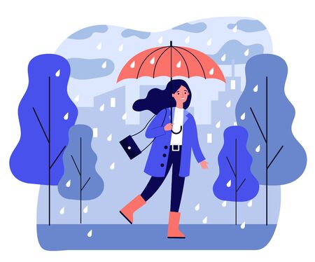 Happy smiling girl with umbrella walking in rainy day flat vector illustration. Woman staying outdoor in falling weather. Female character going in rain. Season, autumn and landscape conceptのイラスト素材