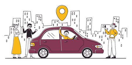 Car sharing service. People searching transport with map location pin, renting vehicle. Vector illustration for transfer, transportation, urban, technology conceptのイラスト素材