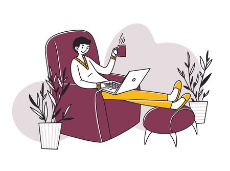 Relaxed freelance employee drinking coffeeのイラスト素材
