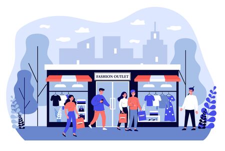 Consumers shopping in apparel boutique flat vector illustration. Happy people walking on city street near fashion store, mall, or shop. Retail and fashion outlet conceptのイラスト素材