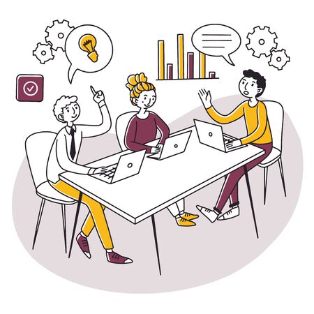 Professionals with laptops discussing project in meeting roomのイラスト素材