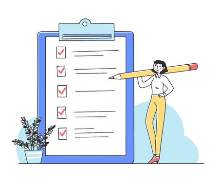Woman ticking off tasks on checklist flat vector illustration. Businesswoman holding pencil and making notes and marks on paper document form in clipboard. Business, office and achievement conceptのイラスト素材