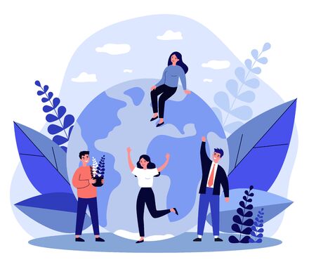 Earth, men with plants and women flat vector illustration. Tiny people saving world ecology and huge planet at background. Eco, environment and protecting nature conceptのイラスト素材