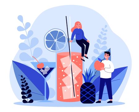 People making fresh fruit juice with ice flat vector illustration. Tiny woman sitting at huge glass and holding straw. Smiling man with apple. Summer beverage and drink concept.のイラスト素材