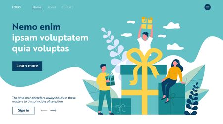 Loyal customers getting gifts and bonuses from store. Happy young people receiving gift boxes. Vector illustration for reward, loyalty program, promotion, marketing conceptのイラスト素材