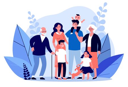 Happy big family standing together flat vector illustrationのイラスト素材