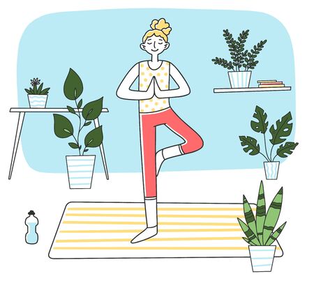 Young woman standing at calm yoga postureのイラスト素材