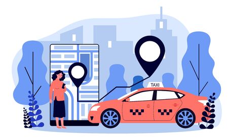 Young woman taking cab via mobile app flat vector illustrationのイラスト素材