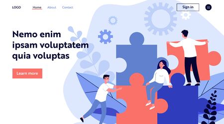 Business team constructing jigsaw solution. People connecting big pieces of puzzle. Vector illustration for community, merger, discovery, teamwork conceptのイラスト素材