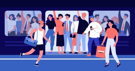 People hurrying into overcrowded train flat vector illustrationのイラスト素材