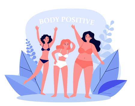 Body positive female characters in bikini waving by handsのイラスト素材