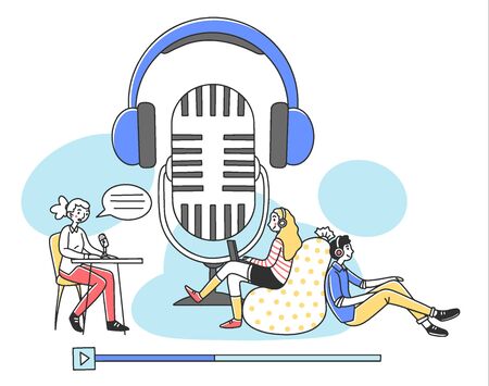 People listening radio podcast online flat vector illustrationのイラスト素材