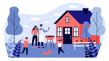 Happy family doing barbecue at garden flat vector illustrationのイラスト素材
