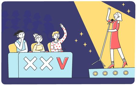 Girl signing at talent show flat vector illustrationのイラスト素材