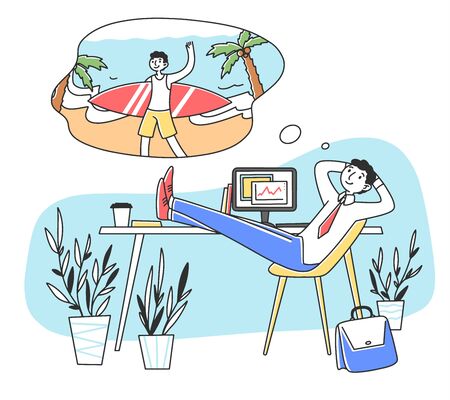 Smiling man at work dreaming about vacation flat vector illustrationのイラスト素材