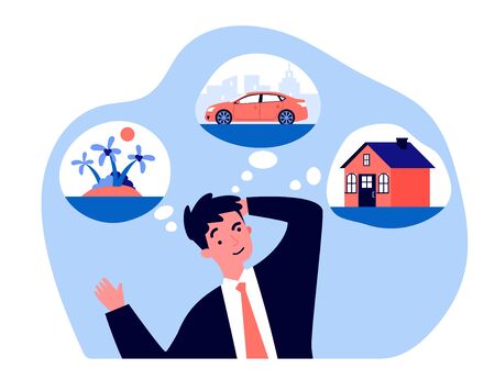 Young man thinking about new house, car and tripのイラスト素材