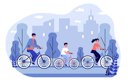 Young family cycling with city on backgroundのイラスト素材