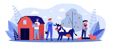 Farm workers caring animals and vegetable gardenのイラスト素材