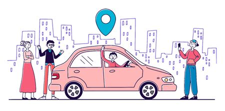 Car sharing service. People searching transport with map location pin, renting vehicle. Vector illustration for transfer, transportation, urban, technology conceptのイラスト素材