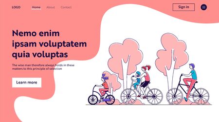 Family couple with two kids riding bikes outdoors. Parents and children cycling in summer park. Vector illustration for togetherness, active lifestyle, recreation conceptのイラスト素材