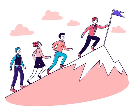 People running for leader uphill, setting flag on top. Business team climbing mountain peak. Vector illustration for leadership, challenge, winning, success, goal conceptのイラスト素材