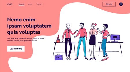 Creative team in their office. Group of happy, friendly, united people standing together flat vector illustration. Teamwork, cooperation, success concept for banner, website design or landing web pageのイラスト素材